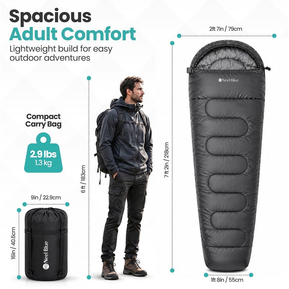 image 1 of 350GSM Mummy Waterproof Sleeping Bag with Hood, 6ft Adults - 3-4 Season