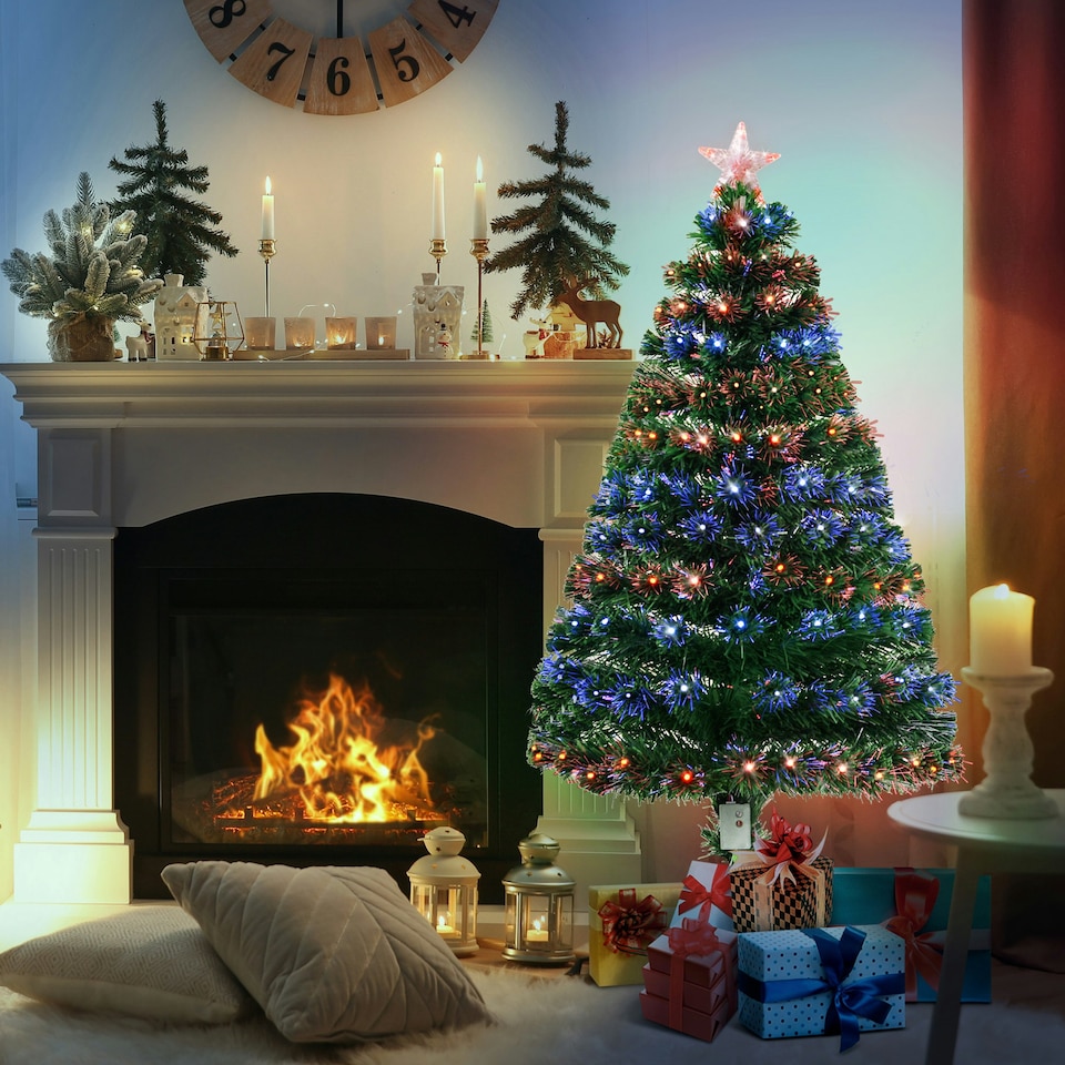 image 1 of HOMCOM 4FT Prelit Artificial Christmas Tree Fiber Optic Xmas Decoration, Green
