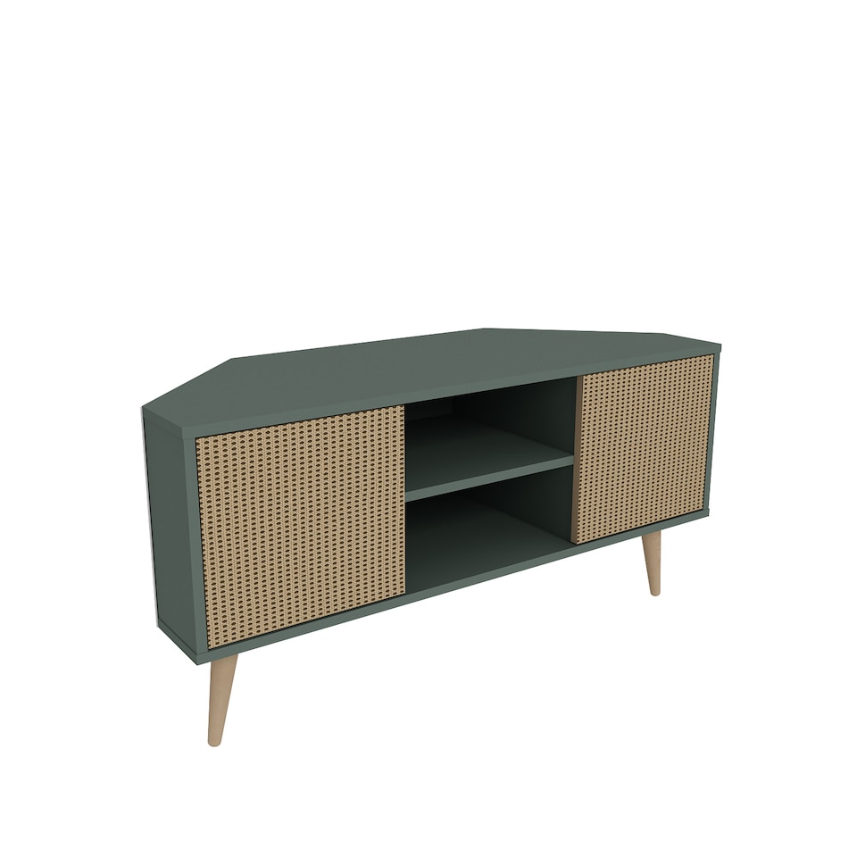 image 1 of Decorotika Lesson 120 cm Corner TV Unit for TVs up to 51 inches with Cabinets and Open Shelves | Green | Silva Green and Rattan Pattern | One Size | 1