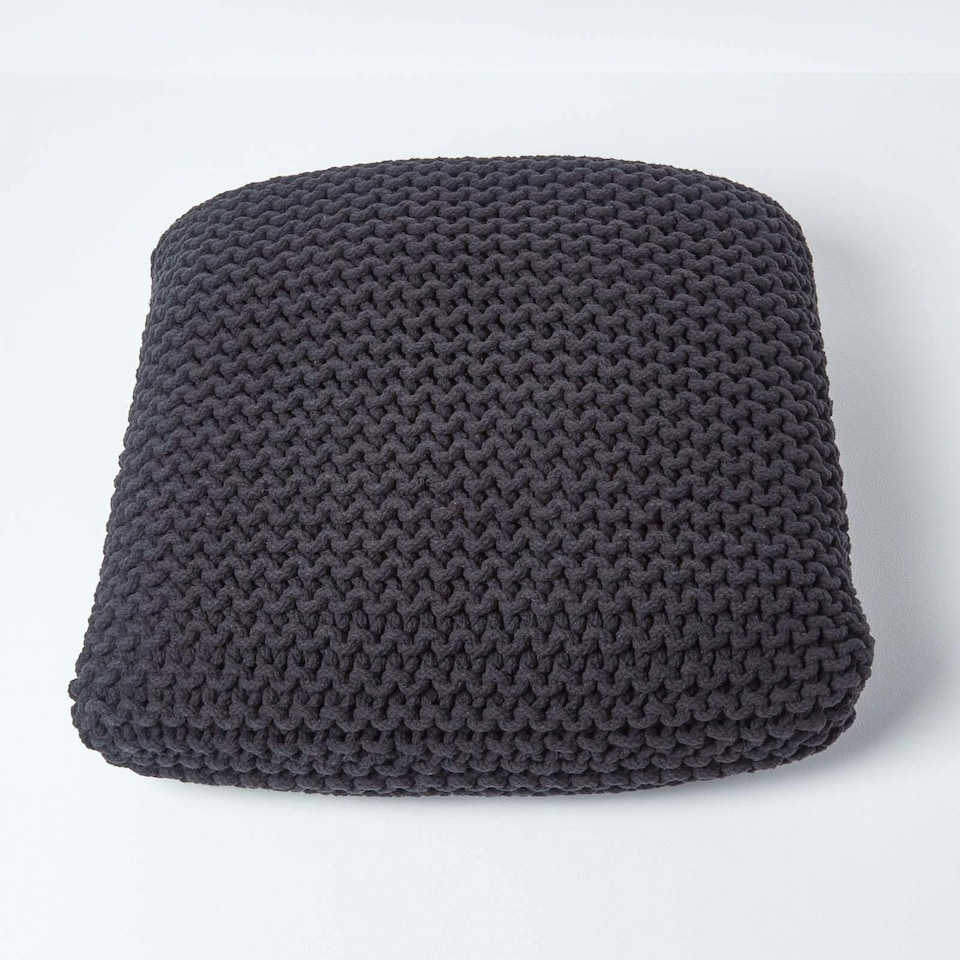 image 1 of Homescapes Black Square Cotton Knitted Pouffe Floor Cushion | Black | 70 x 20 cm