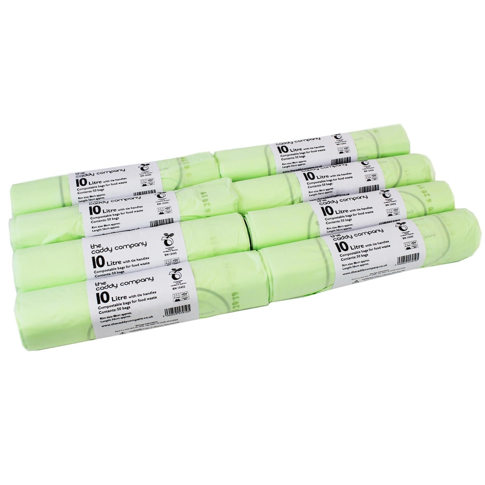 image 1 of The Caddy Company 10 Litre Tie Handle Compostable Food Waste Bin Bags - 8 Rolls