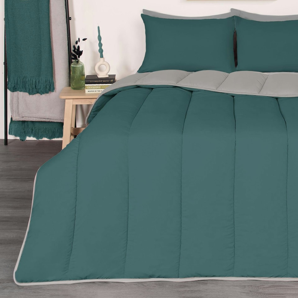 image 1 of OHS Coverless Reversible 10.5 Tog Duvet And Pillowcase Bedding Set, Single - Teal/Grey | Multi | Teal and Grey | Single