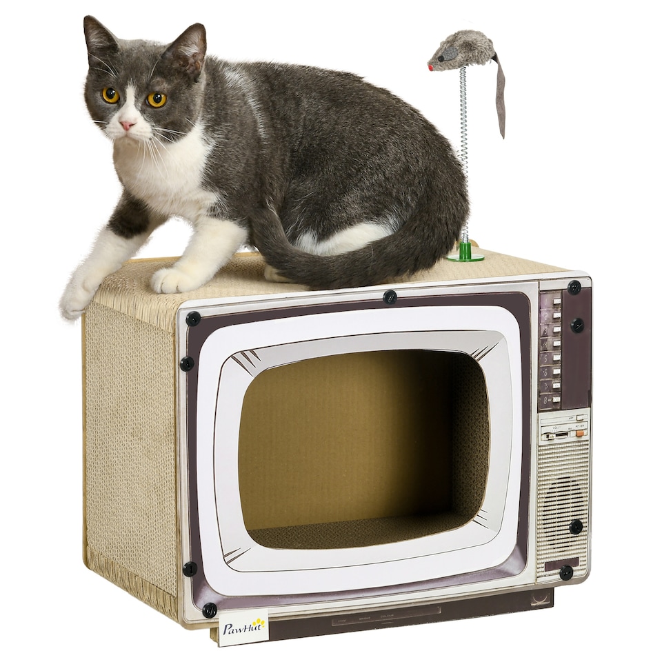 image 1 of PawHut TV-Shaped Cat House, Cardboard with Scratcher Catnip Toy Mouse