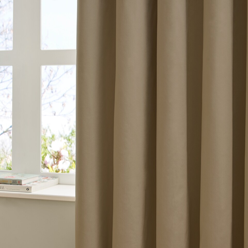image 1 of furn. The Ultimate Velvet Blackout Pencil Pleat Curtain Pair, Mocha, (W)229x (D)183cm | Brown | Mocha | One Size