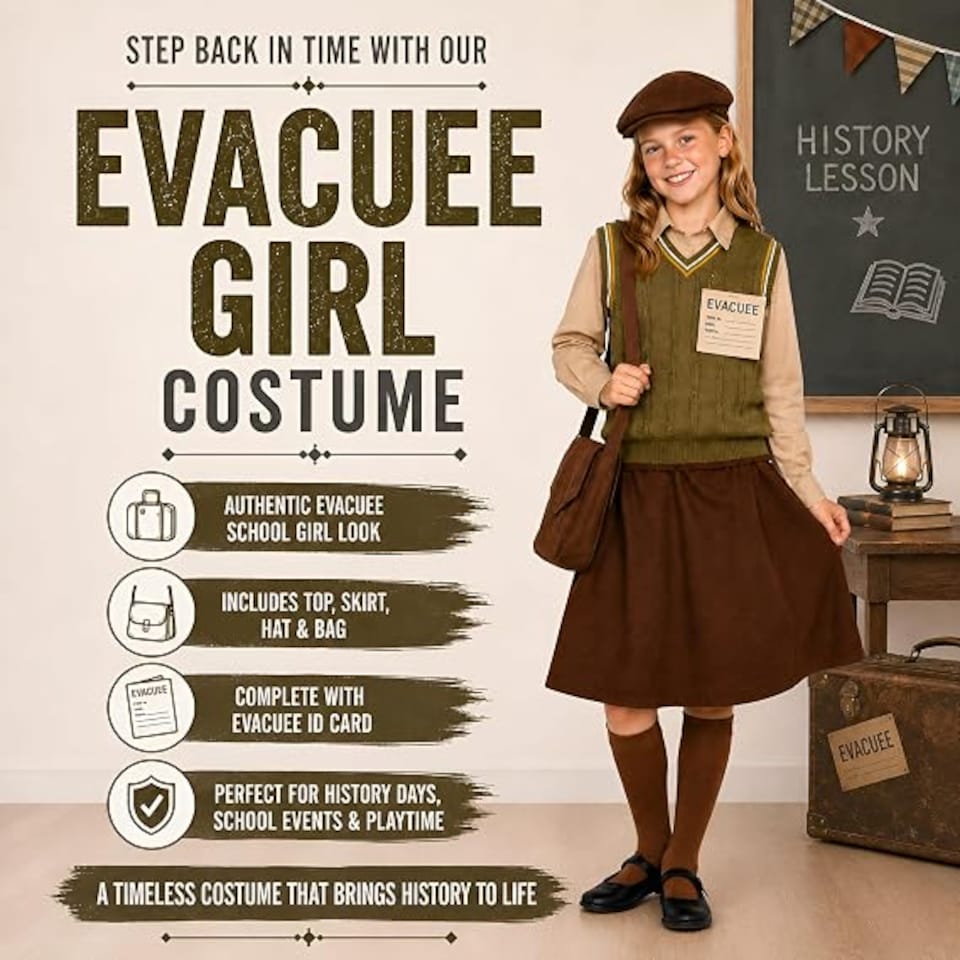 image 1 of Girls WW2 Evacuee Costume World Book Day 1940s Wartime Fancy Dress Kids Child Outfit (Medium 7-9 Years)