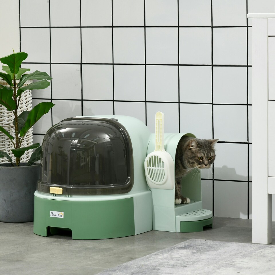 image 1 of PawHut 2 In 1 Cat Litter Tray w/ Drawer Pans, Scoop, Openable Cover - Green