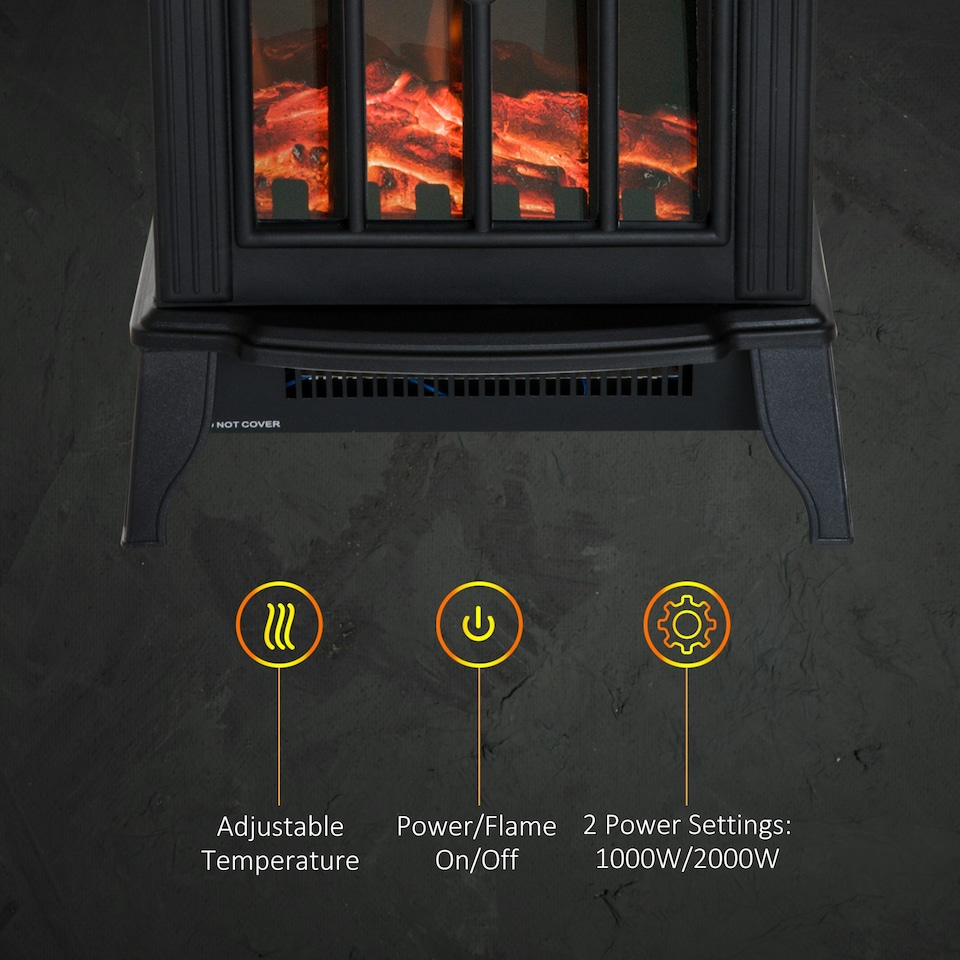 image 1 of HOMCOM Freestanding Electric Fireplace Heater w/ LED Flame 1000W/2000W Black