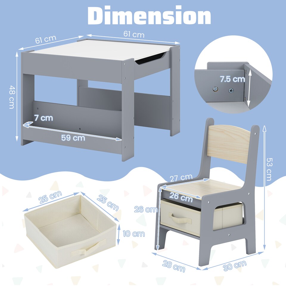 image 1 of COSTWAY Kids Table & Chairs Set 4 in 1 Toddler Table Grey