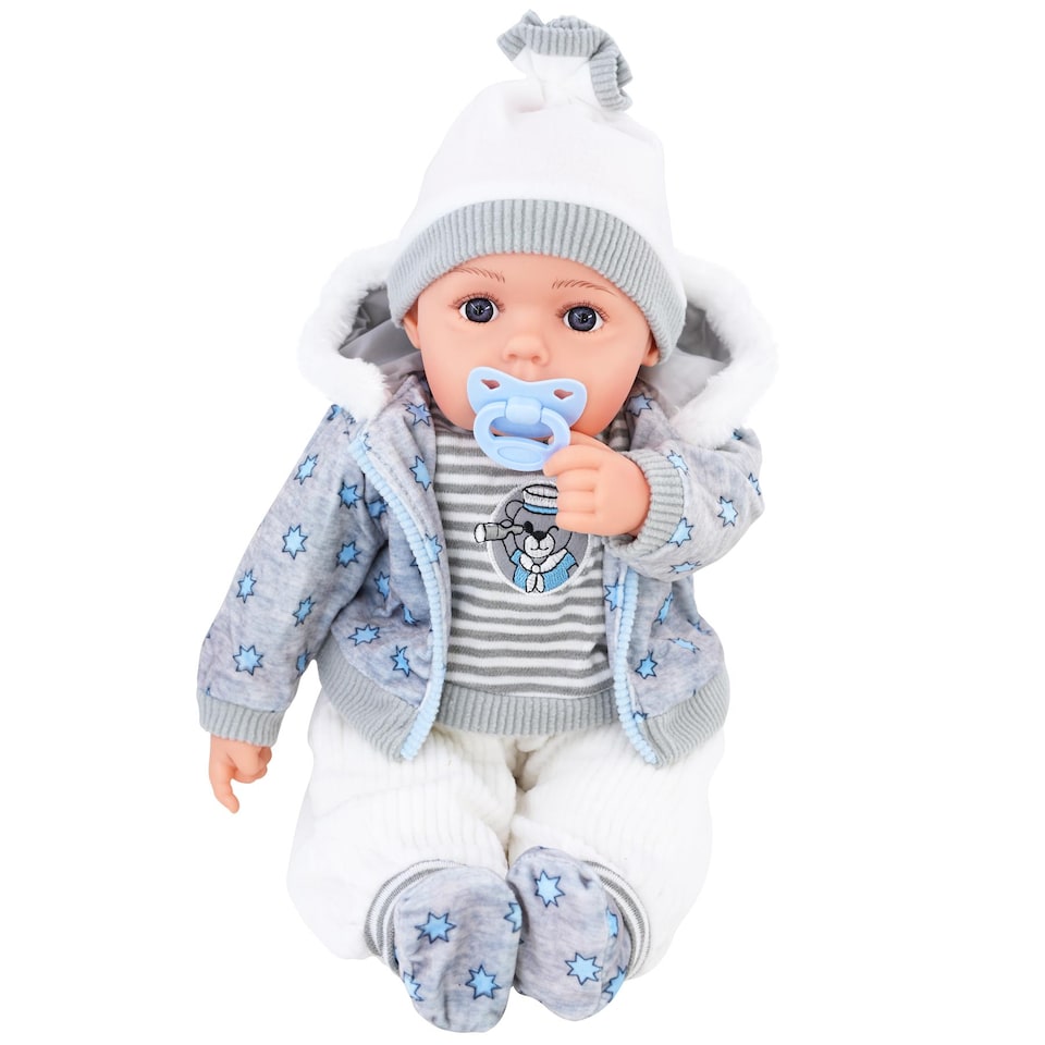 image 1 of BiBi Doll 20" Navy Baby Doll Boy with Grey Jacket, Extra Outfit, Sounds & Dummy Toy