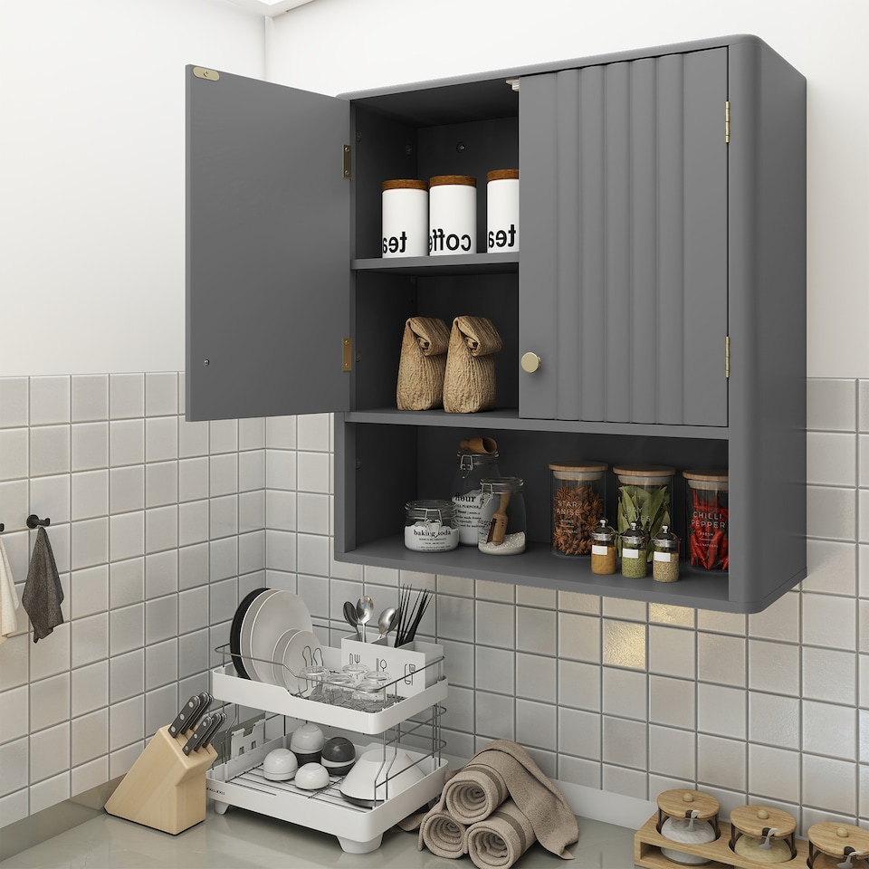 image 1 of COSTWAY Bathroom Wall Cabinet Double Door Medicine Cabinet-Grey