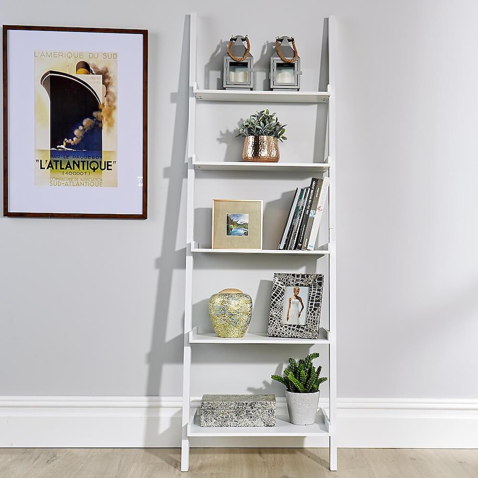 image 1 of Ladder Shelf Bookcase 3 or 5 Tier Storage Shelving Unit Display Stand | White