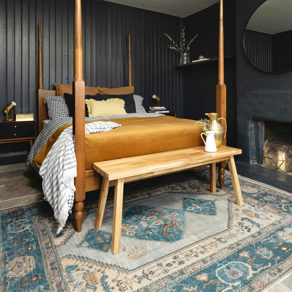 image 1 of KUKOON Teal Blue Distressed Bordered Medallion Non Slip Washable Low Pile Rug 160cm x 230cm | Blue