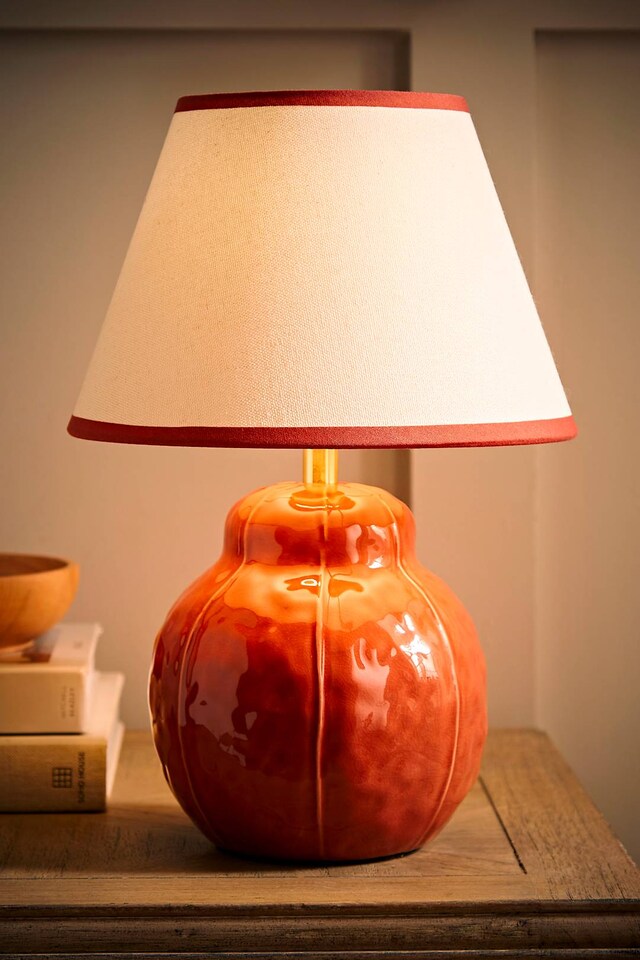image 1 of ValueLights Gourdette Burnt Orange Glazed Table Lamp Taper Trim Shade and Bulb