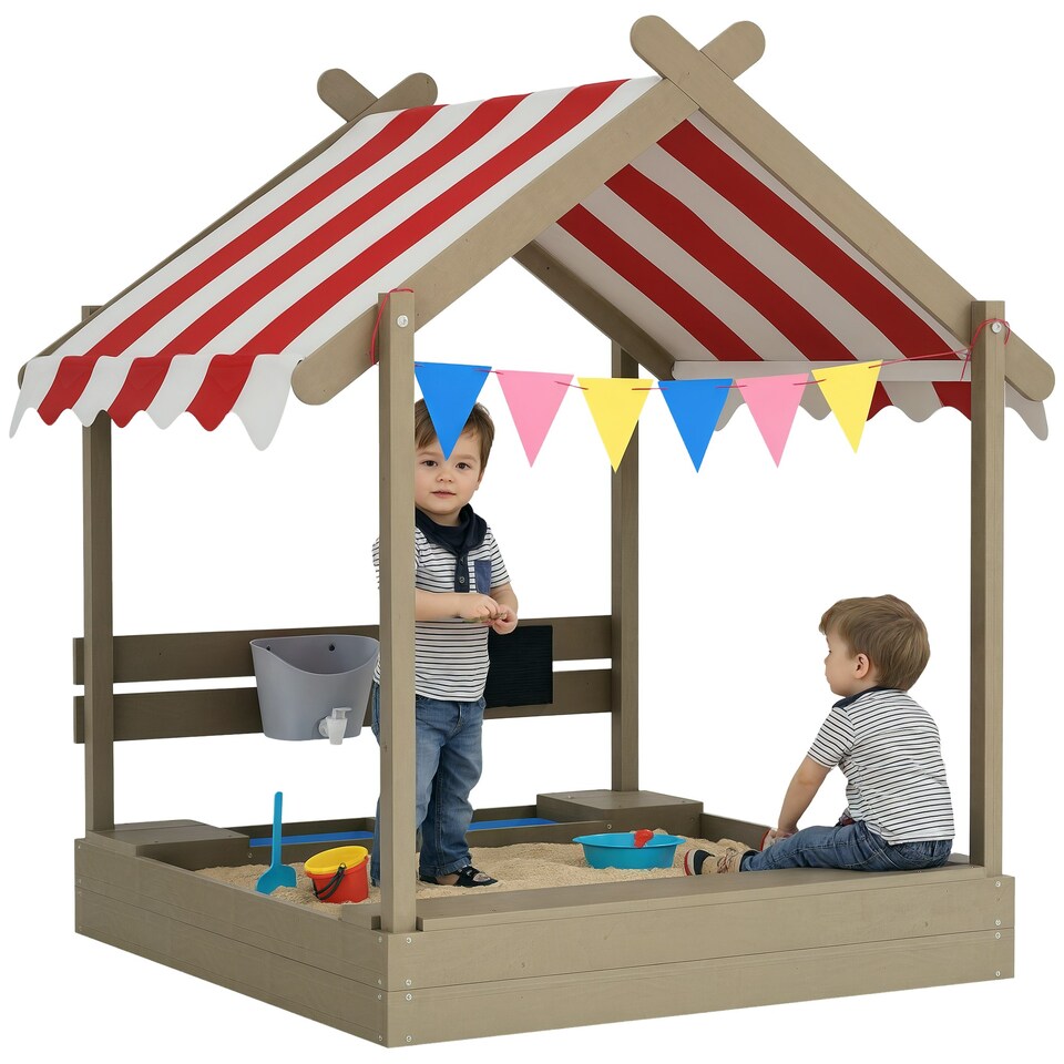 image 1 of Outsunny Sand Pit with Canopy, Blackboard, Toys, Sink, Seats, Flags for Kids