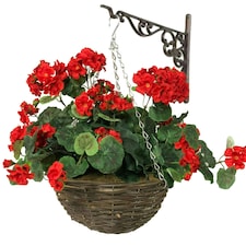 Primrose Artificial Geranium Flowers Rattan Hanging Basket in Red 30cm