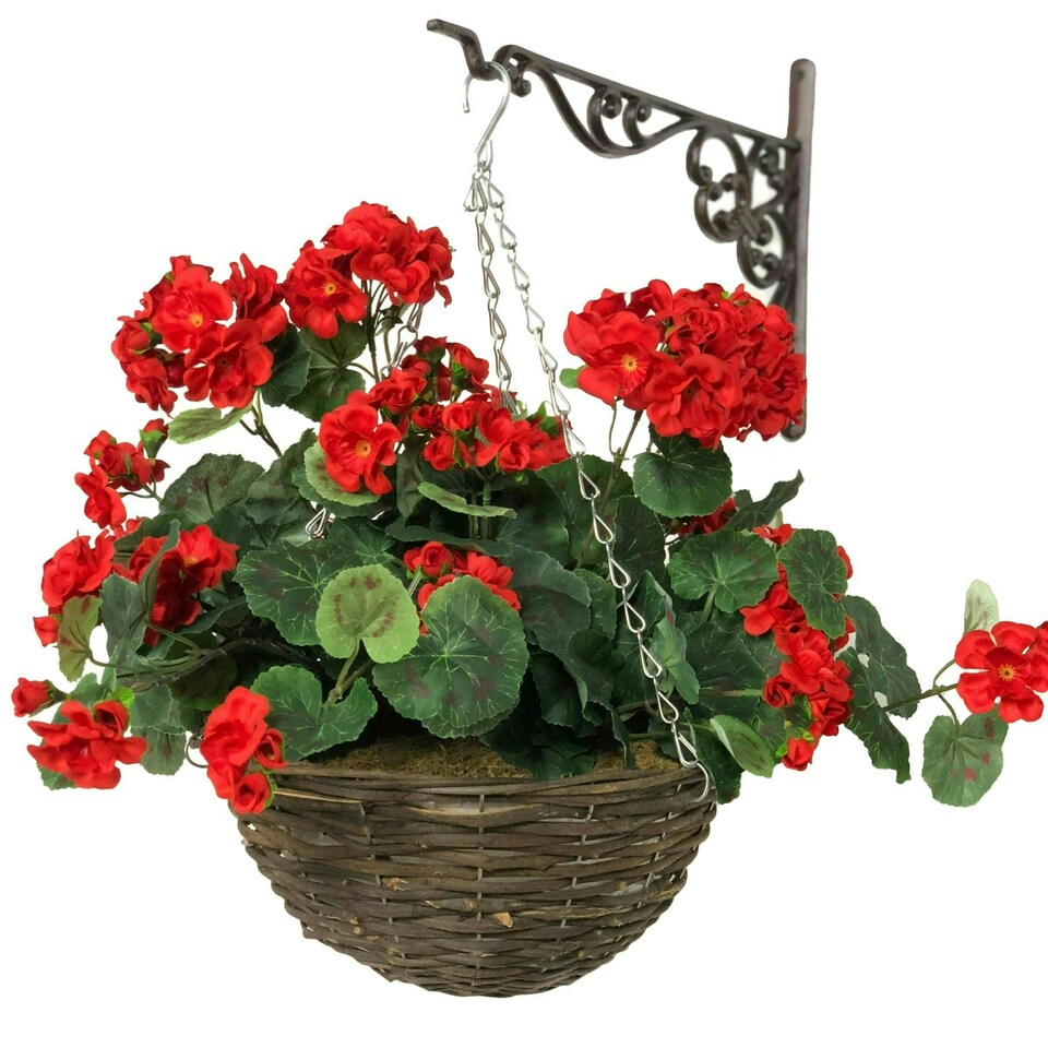 image 1 of Primrose Artificial Geranium Flowers Rattan Hanging Basket in Red 30cm
