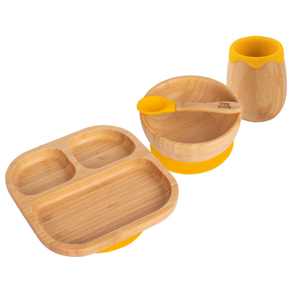 image 1 of Tiny Dining 4pc Divided Bamboo Suction Baby Feeding Set - Yellow