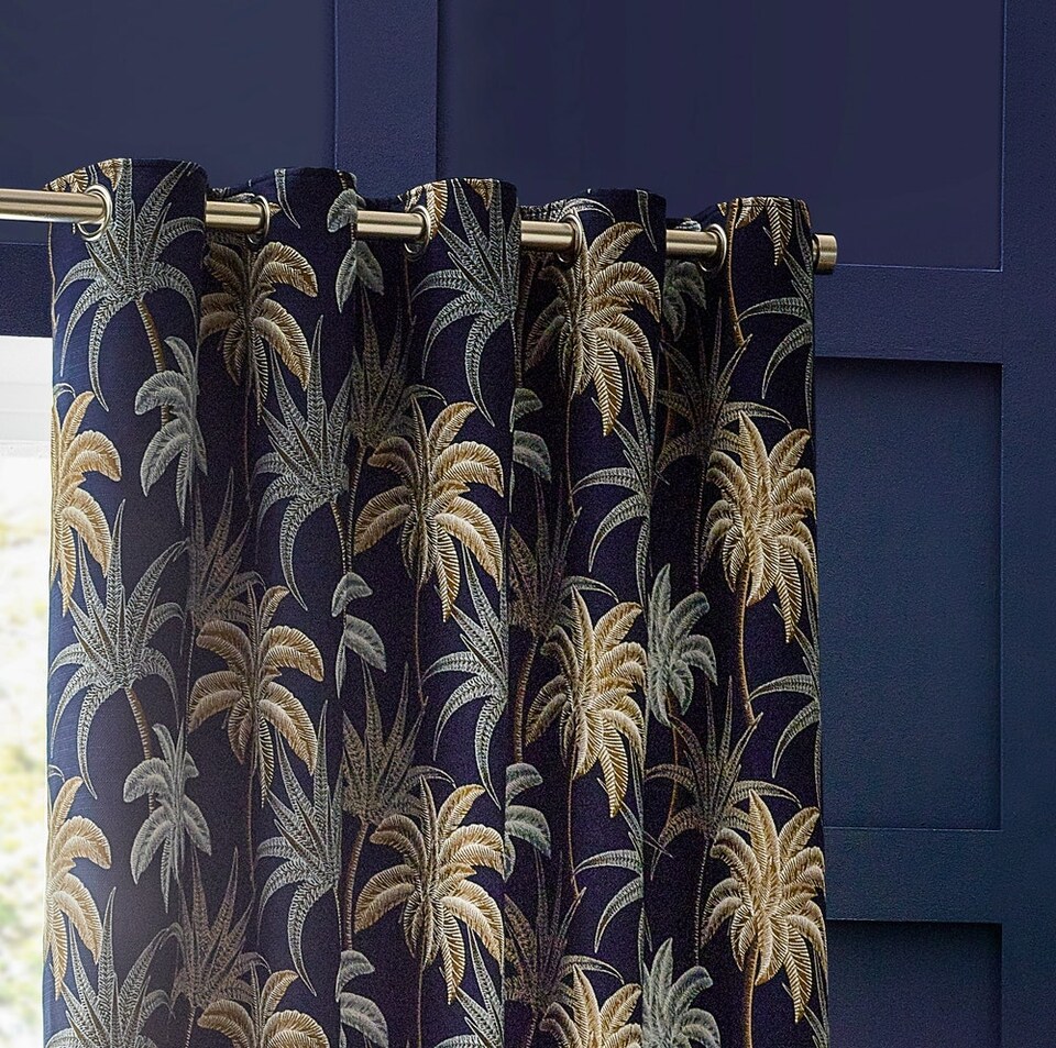 image 1 of Wylder Galapagos  Jacquard Navy Eyelet Curtains (W)168cm x (D)183cm | Multi