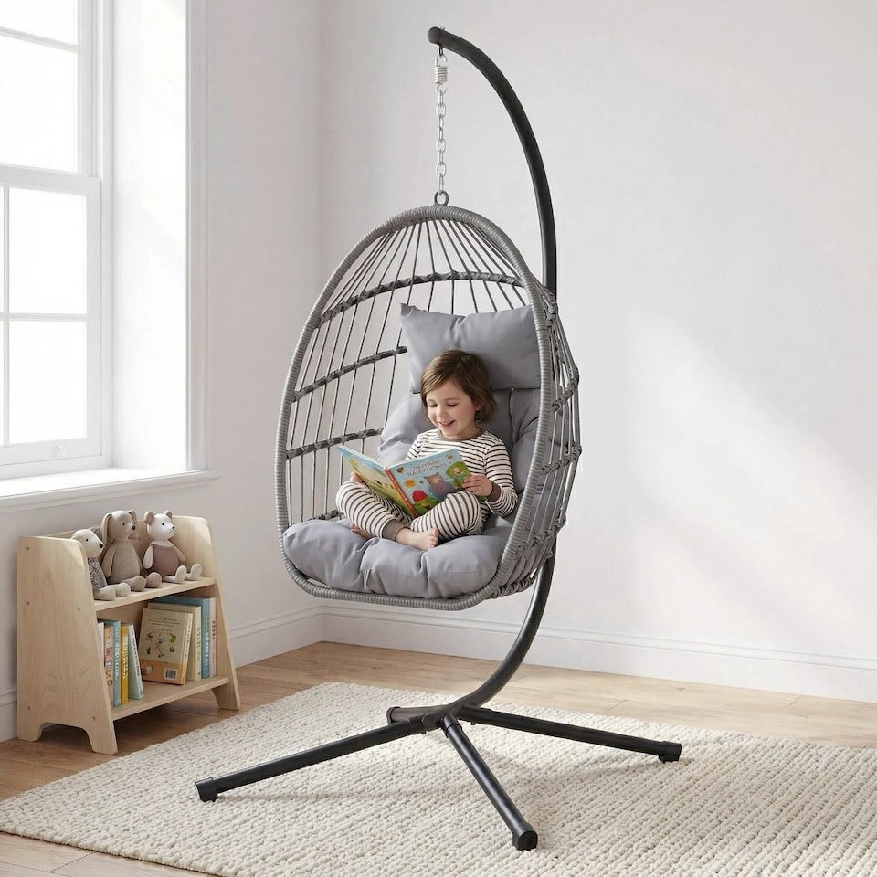 image 1 of Alivio Hanging Egg Chair with Stand, Weather-Resistant Indoor Outdoor Basket Chair Swing Chair