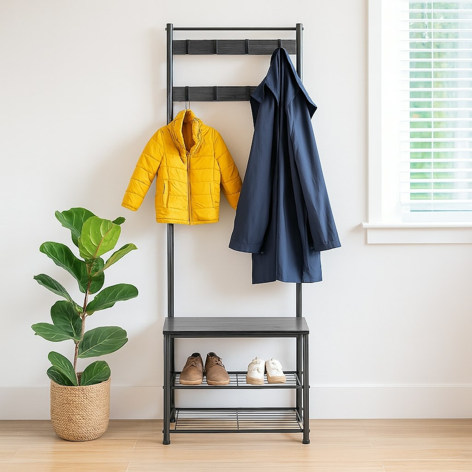 image 1 of Harbour Housewares Square Steel Coat Rack with Shoe Storage Bench - Black/Black | Black | Black/Black | One Size