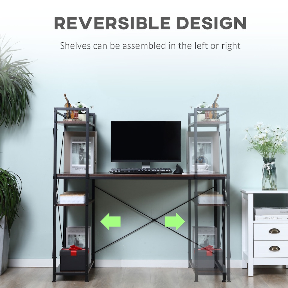 image 1 of HOMCOM Computer Desk with Storage Shelves on Left or Right, Industrial Reversible Writing Desk for Home Office, Study, Easy Assembly, 120 x 64 x 121cm, Walnut and Black