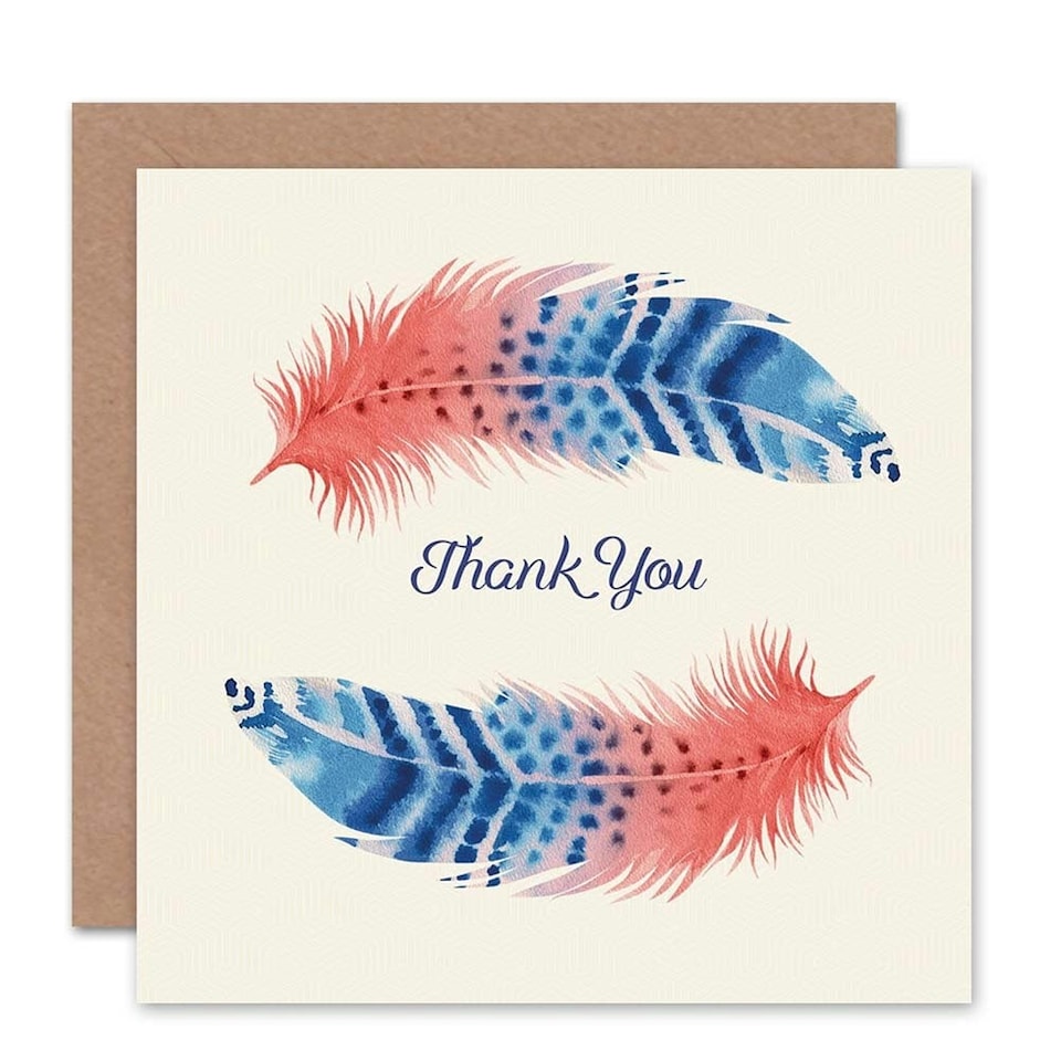 image 1 of Pink Blue Watercolour Bird Feathers For Her Thank You Card