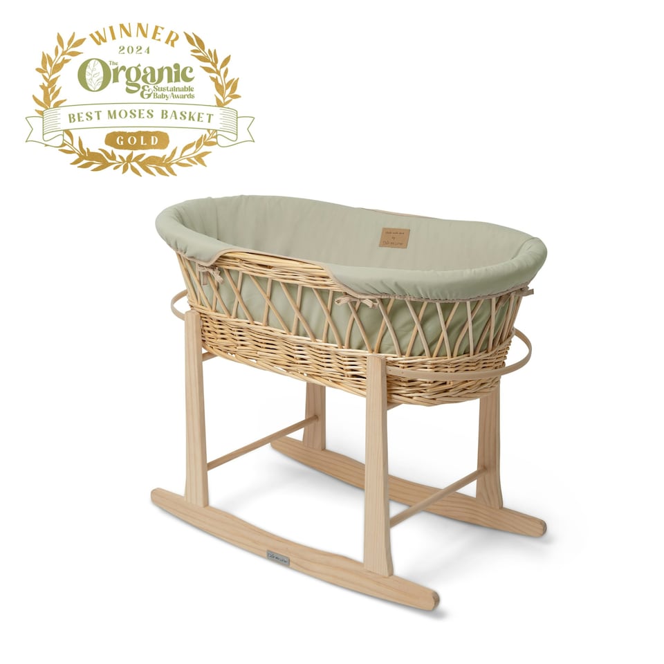 image 1 of Clair de Lune Organic Wicker Moses Basket With Rocking Stand - Sage