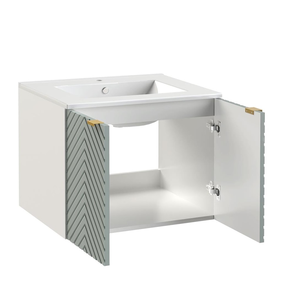 image 1 of Bathroom Vanity Unit 600mm Wall Cabinet Floating Ribbed Fluted Door Green Cara