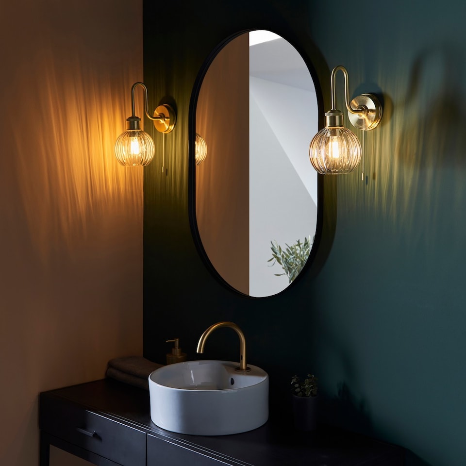 image 1 of Marsala Bathroom Glass Wall Lamp, Satin Brass Plate, Ribbed Glass, IP44