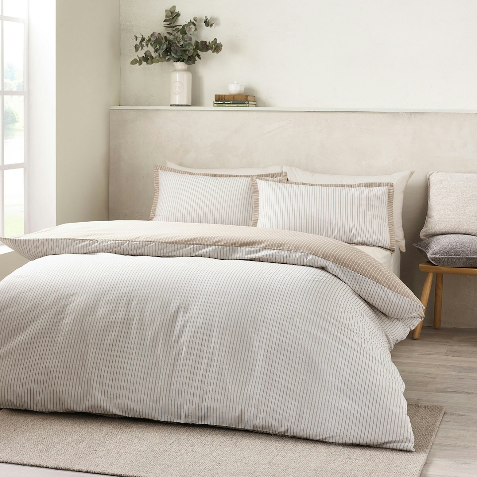image 1 of Catherine Lansfield Oxford Pinstripe Reversible Duvet Cover Set Natural | Cream | Natural | Super King