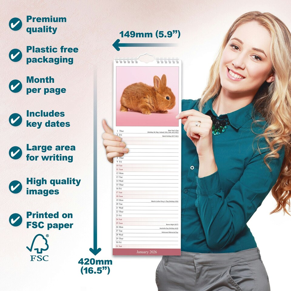 image 1 of Rabbits Slim 2026 Calendar | Slimline Wall Calendar | Animal Gift | Plastic Free Packaging | by Avonside Publishing [Calendar] Avonside Publishing Ltd