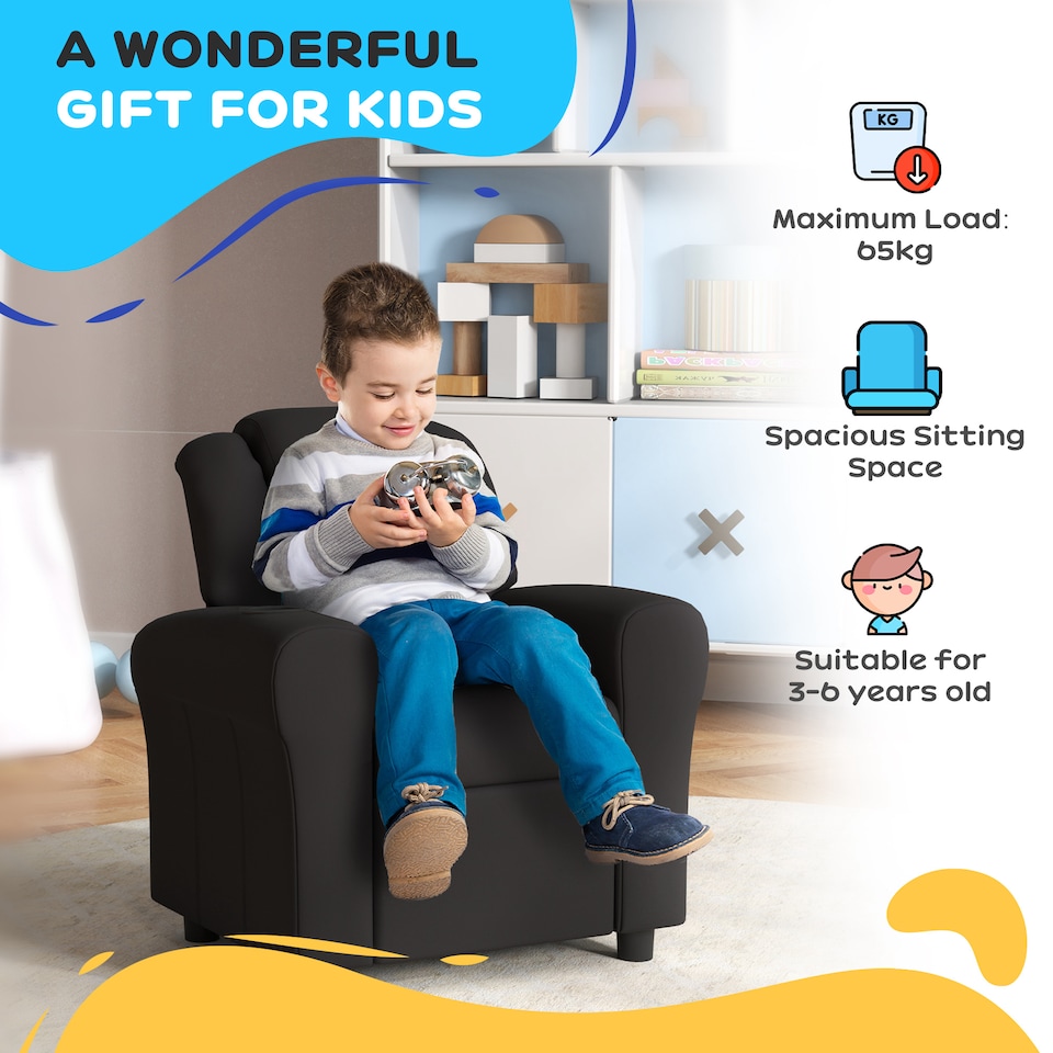 image 1 of HOMCOM Kids Recliner Chair with Adjustable Backrest & Footrest | Black | One Size