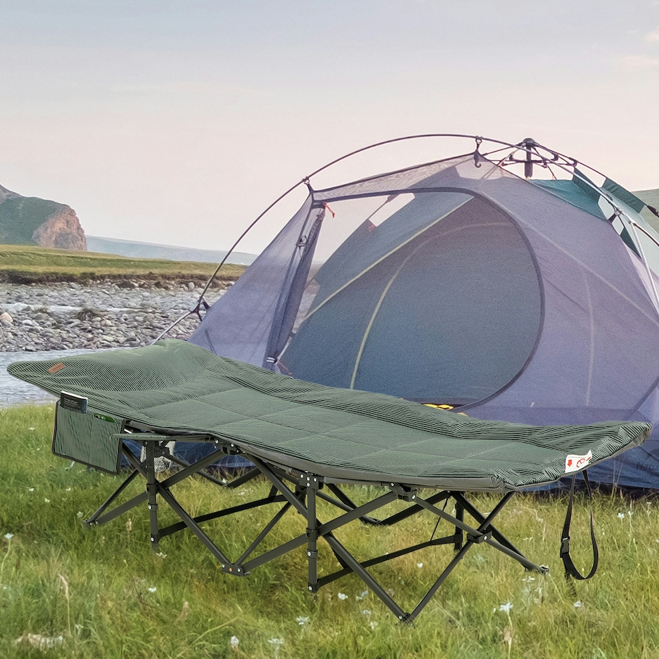 image 1 of Outsunny Camping Bed w/ Carry Bag, Magazine Bag & Cup Holder, Grey