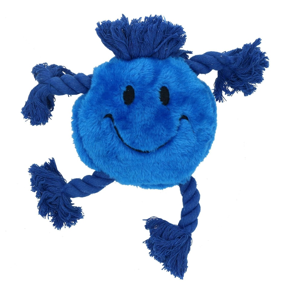 image 1 of Plush Soft Blue Happy Face Dog Play Toy With Squeak & Rope Arms.