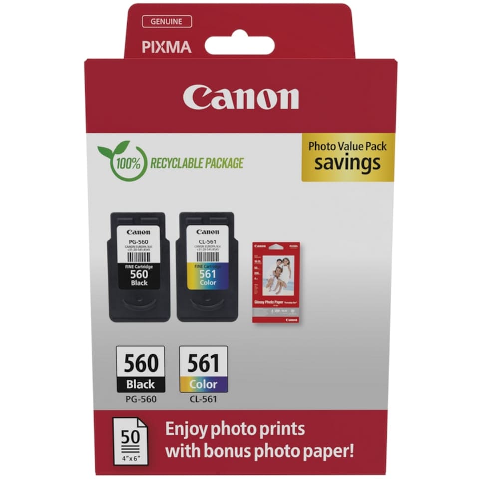 image 1 of Canon PG560 Black & CL561 Colour Ink Cartridge Photo Value Pack Multi | Refilled Canon PG560 Black & CL561 Colour Ink Cartridge
