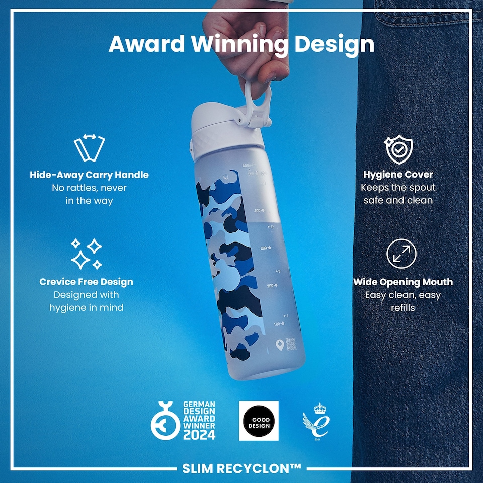 image 1 of Leak Proof Slim Water Bottle, BPA Free, 500ml (18oz) | White | Ice Camo | One Size