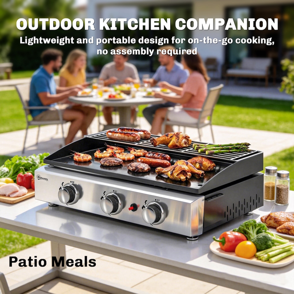 image 1 of Outsunny 3 Burner Grill Griddle, Tabletop Gas BBQ with Grease Cup, Black