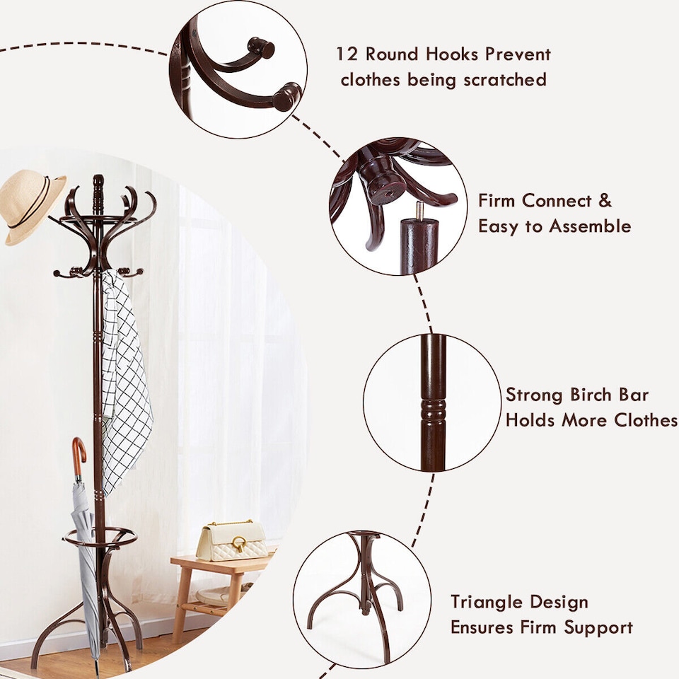 image 1 of COSTWAY Wooden Rotating Coat Hat Hanger Free Standing Hallstand Umbrella Stand 12 Hooks