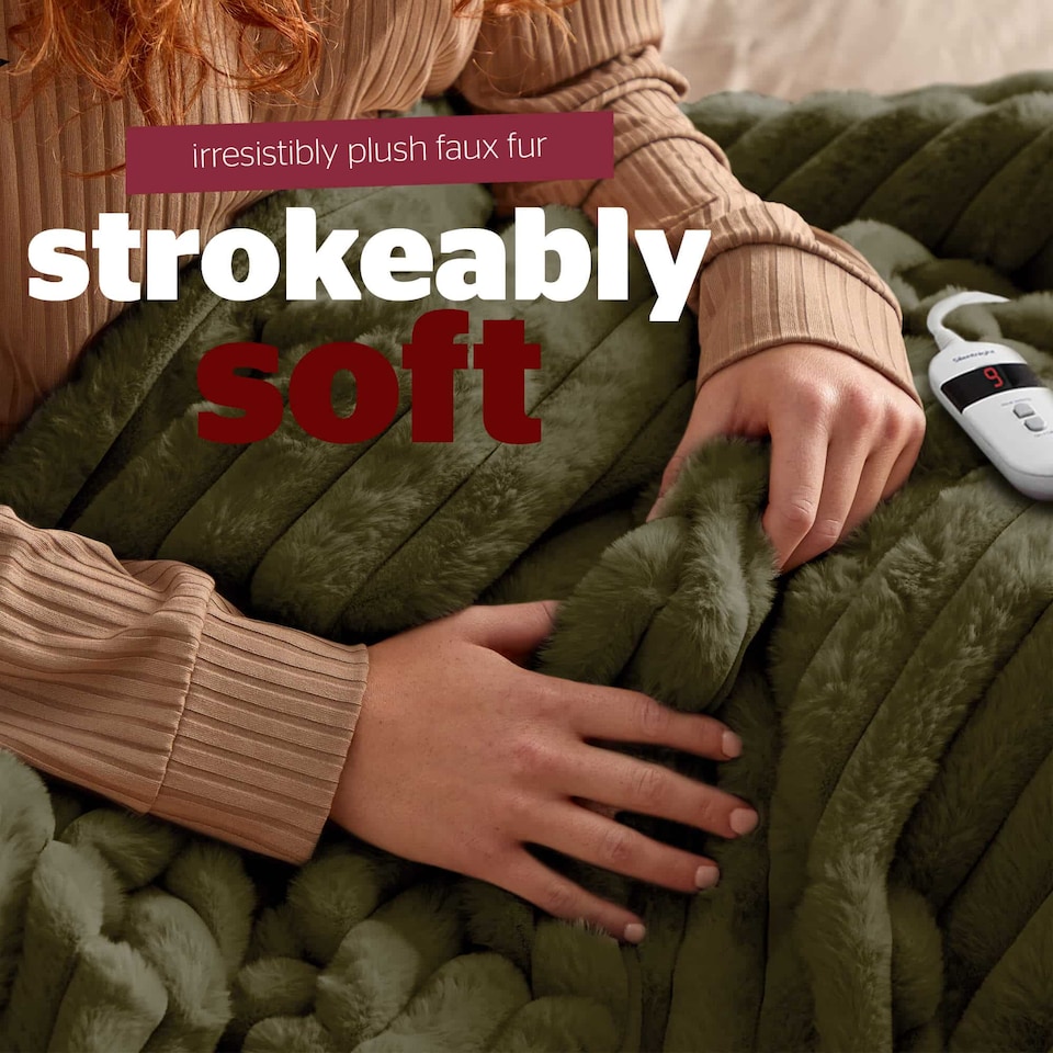 image 1 of Silentnight Luxury Faux Fur Ribbed Heated Throw, Olive | Green | Olive | One Size | 1