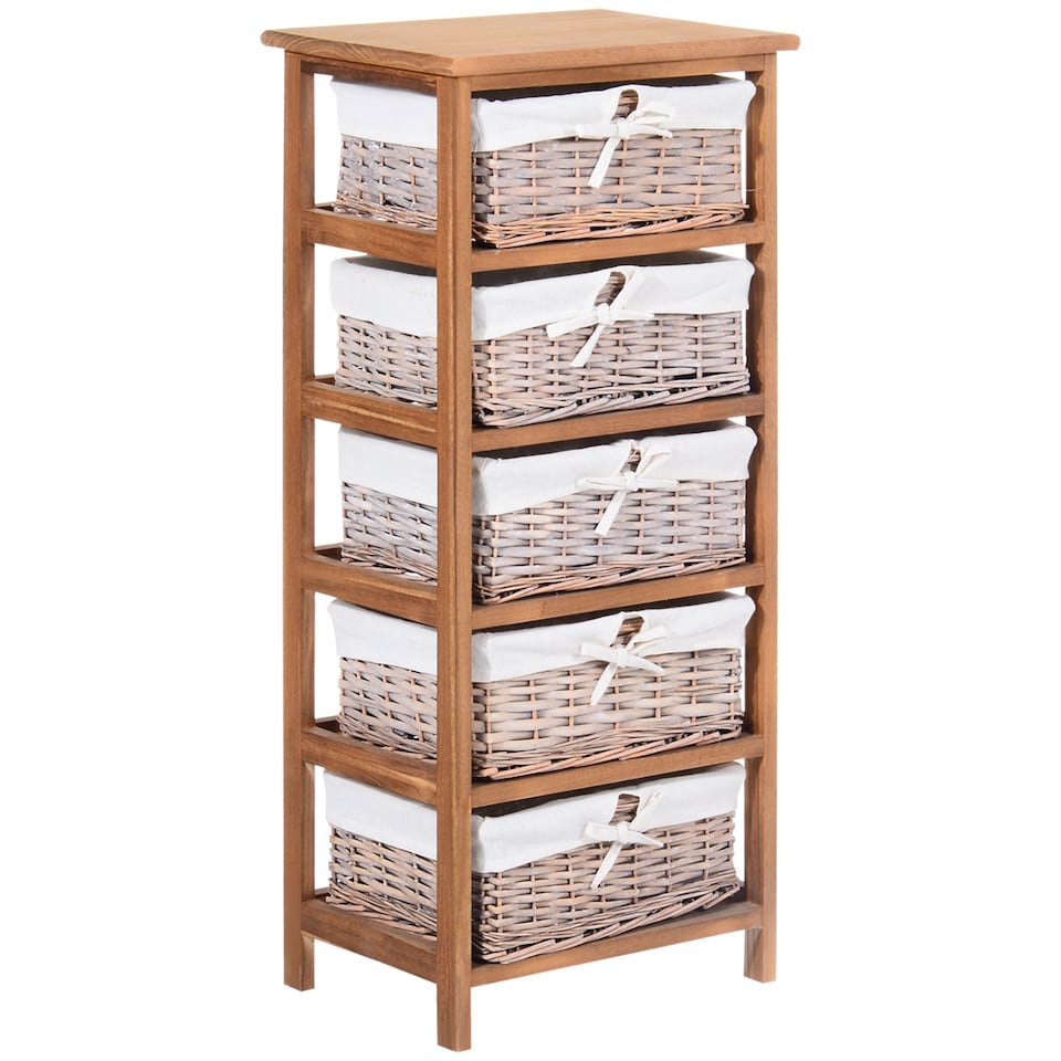 image 1 of HOMCOM 5 Drawer Dresser Wicker Basket Storage Shelf Unit Wooden Frame Home Organisation Cabinet Bedroom Office Furniture Natural Finish