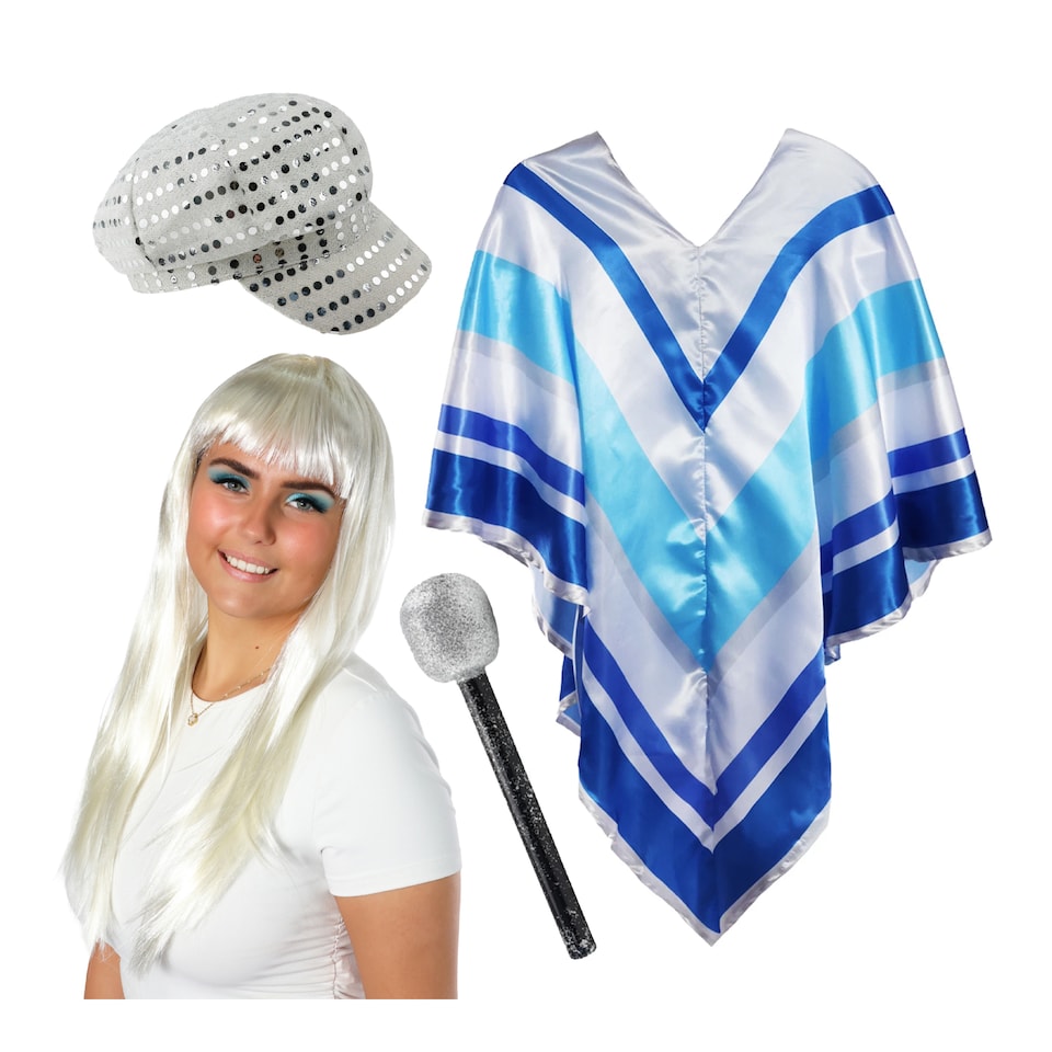 70s Disco Costume Set - Poncho, Wig, Hat & Mic | Blue | One Size