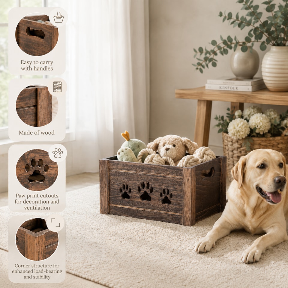 image 1 of Paw Shaped Cutout Dog Toys Chest Gift Hampers Storage Collection Box Wooden Crates Gift Hampers (Brown, Large)