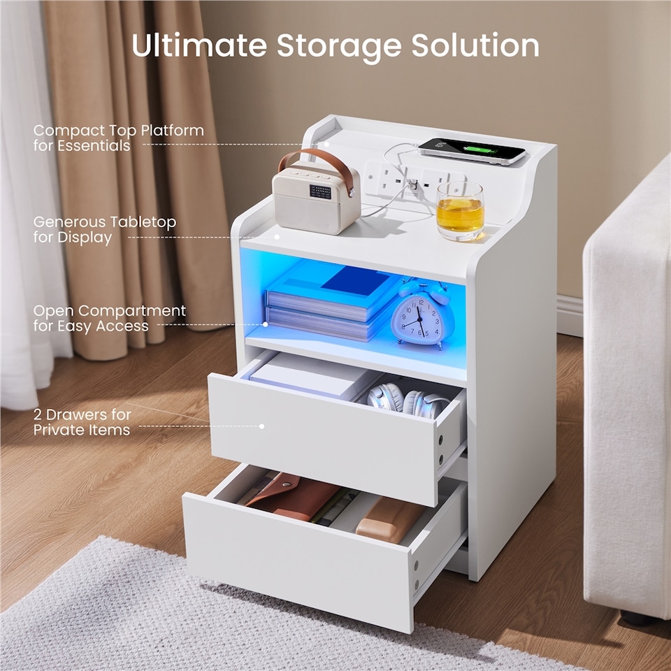 image 1 of Yaheetech Set of 2 Bedside Tables with 2 Storage Drawers and Open Compartment-White