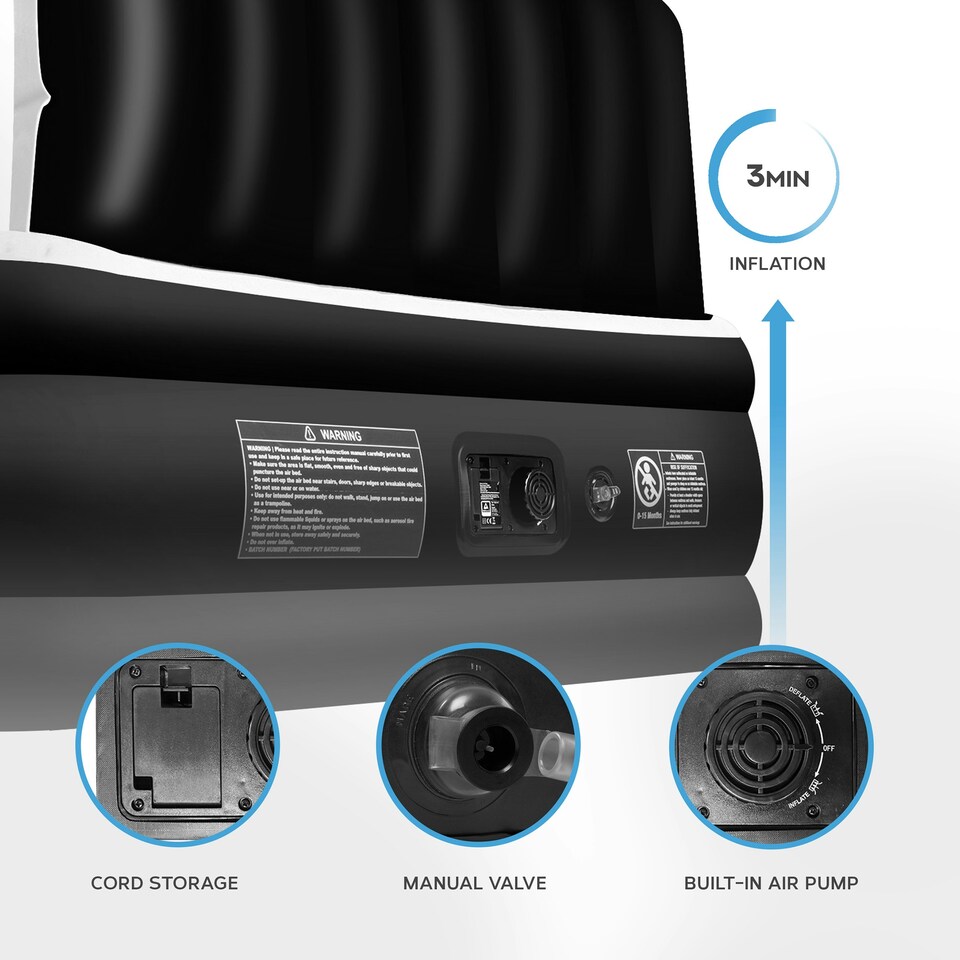 image 1 of Get Fit Air Bed With Built In Electric Pump - King Airbed Blow Up Bed With Headboard, 2 Free Inflatable Pillows - Elevated Inflatable Air Mattress - Black/Grey
