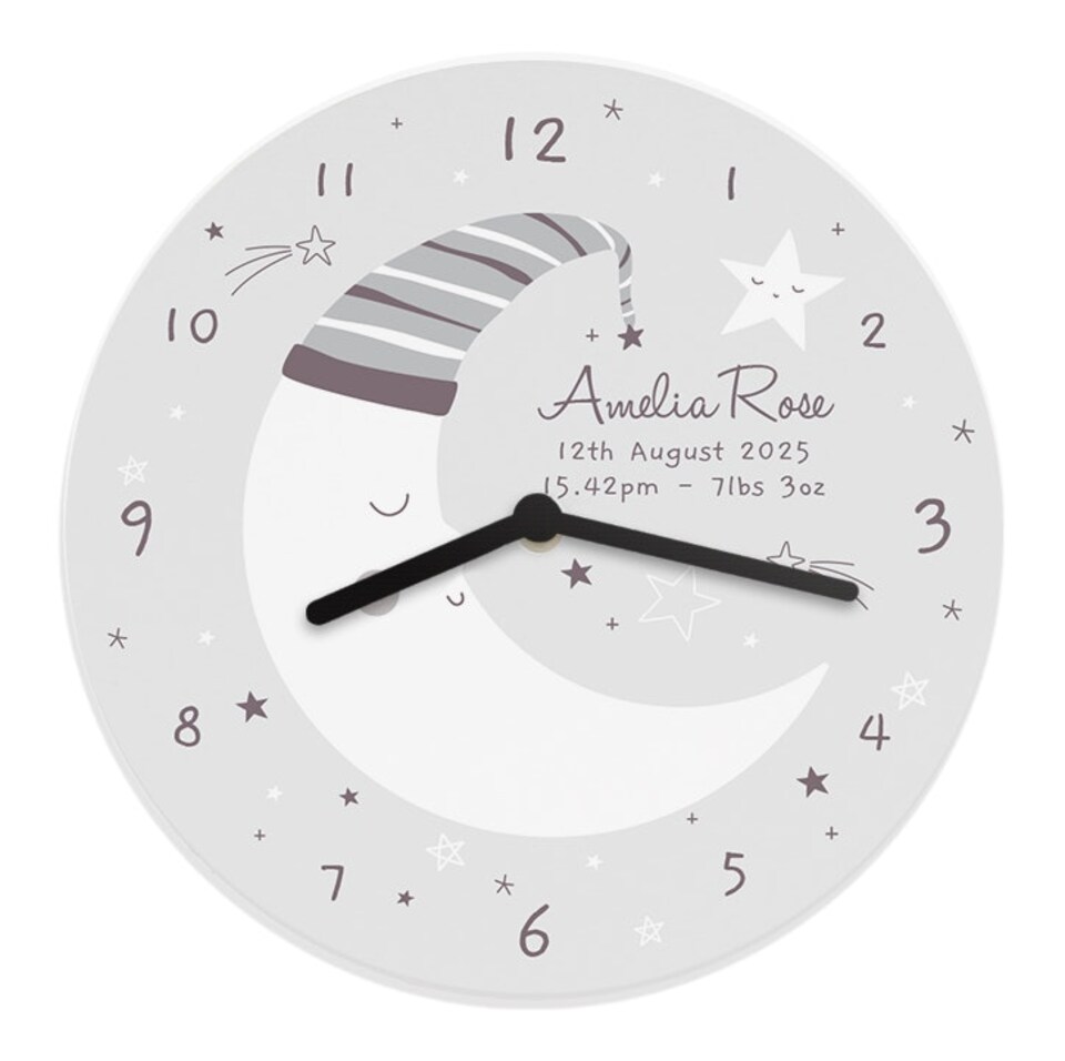 image 1 of Personalised Moon Wooden Nursery Clock | White