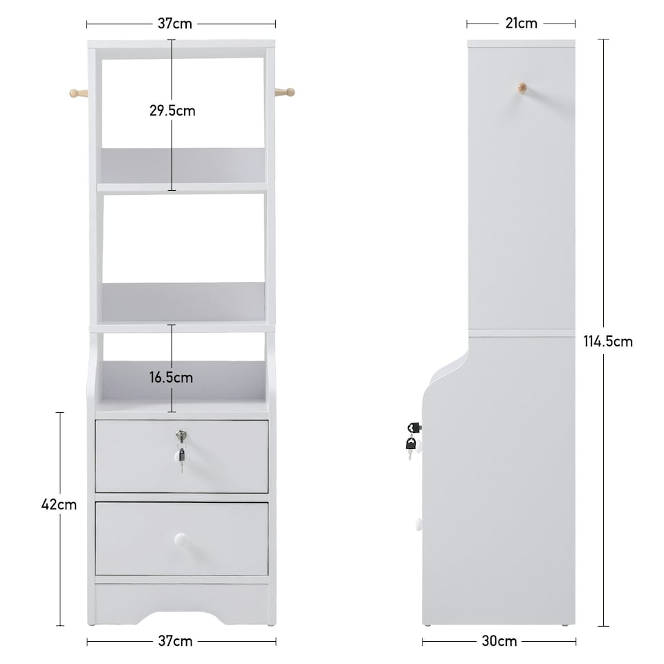 image 1 of Living and Home 3-Tier Slim Storage Shelving Unit with Lockable Drawer - White