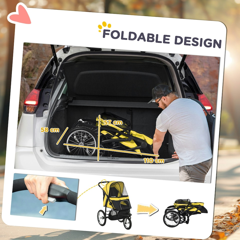image 1 of PawHut 3 Wheel Pet Stroller, for Medium Small Dogs, Foldable Cat Pram - Yellow