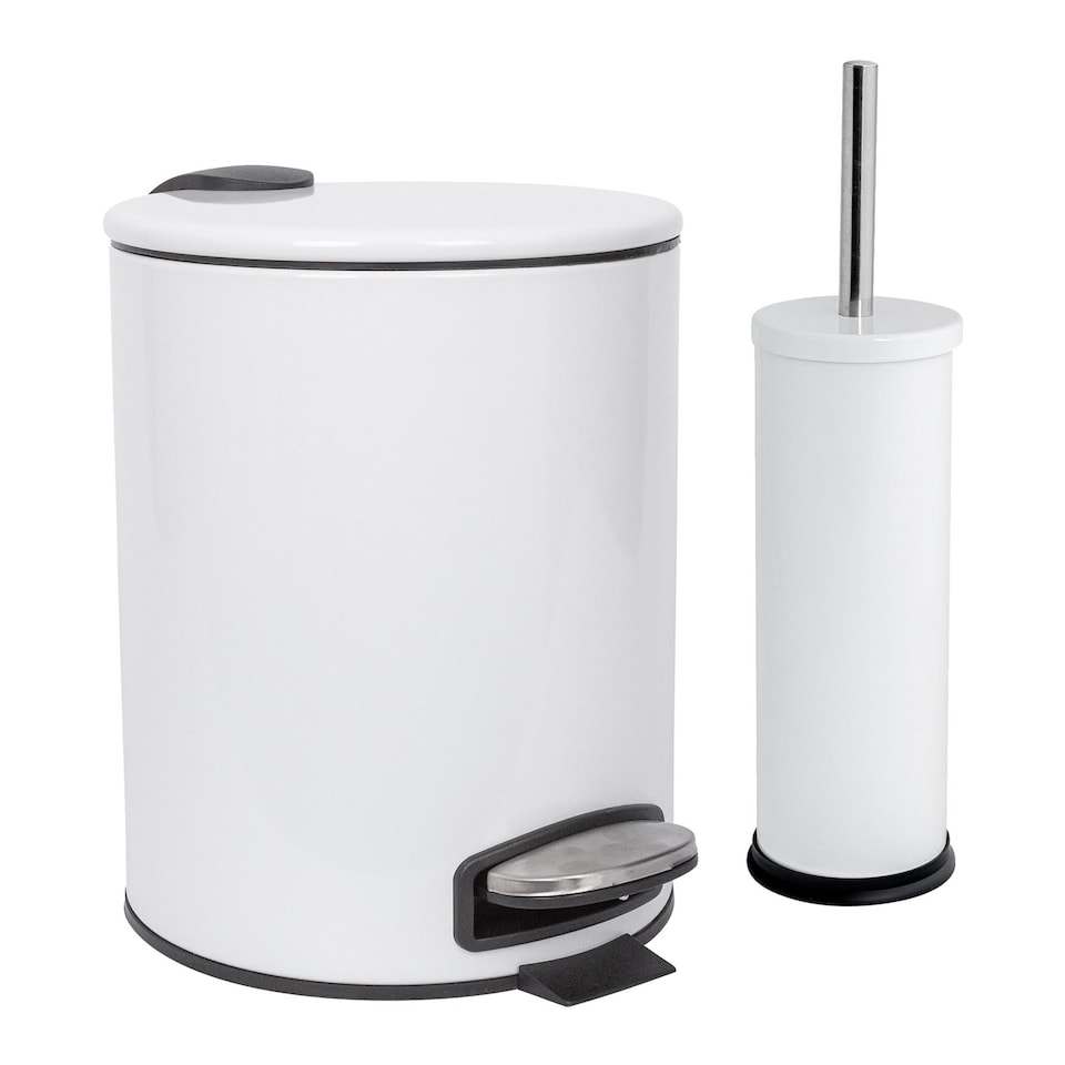 image 1 of Harbour Housewares Bathroom Bin & Toilet Brush Set - 5L - White - Round Stainless Steel Slim Trashcan Rubbish Bin & Brush
