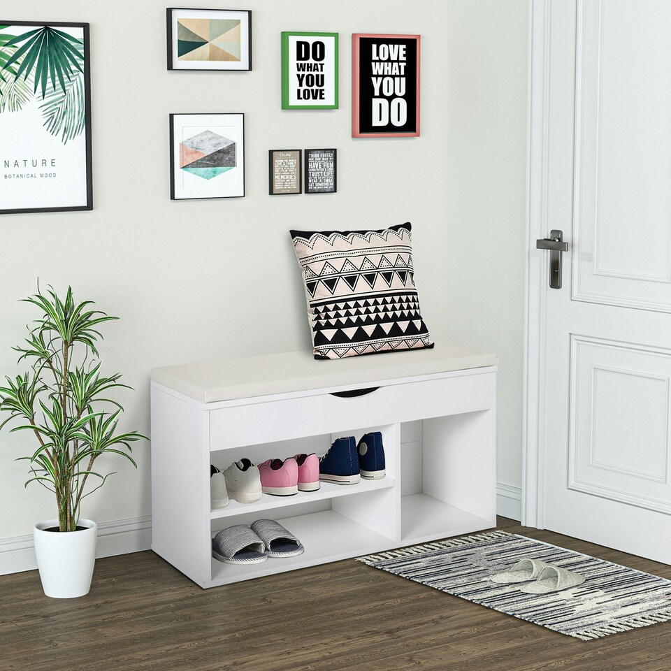 image 1 of HOMCOM Wooden Shoes Cabinet Bench Hidden Storage Padded Seat Organiser White