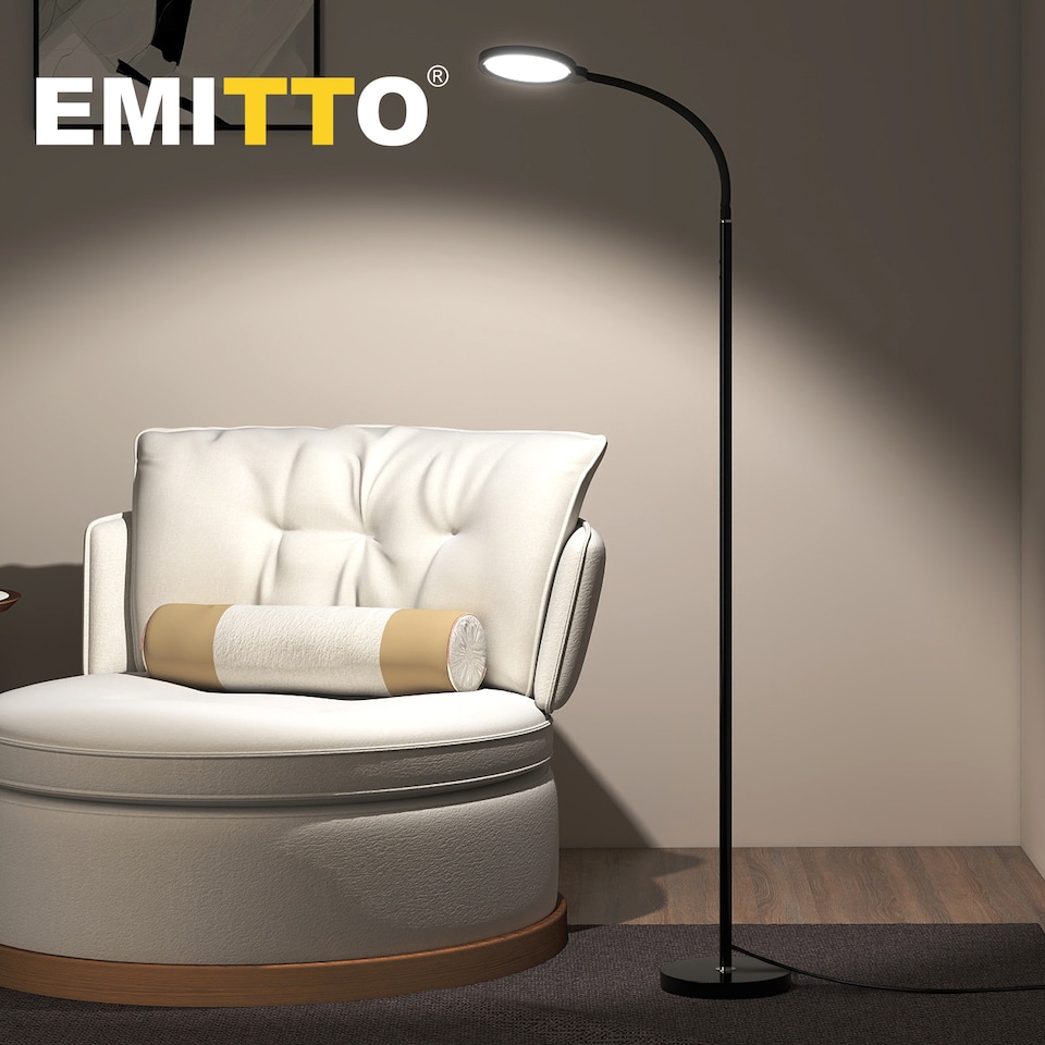 image 1 of Emitto LED Floor Lamp Dimmable Standing Reading Light Remote Control Black 12W